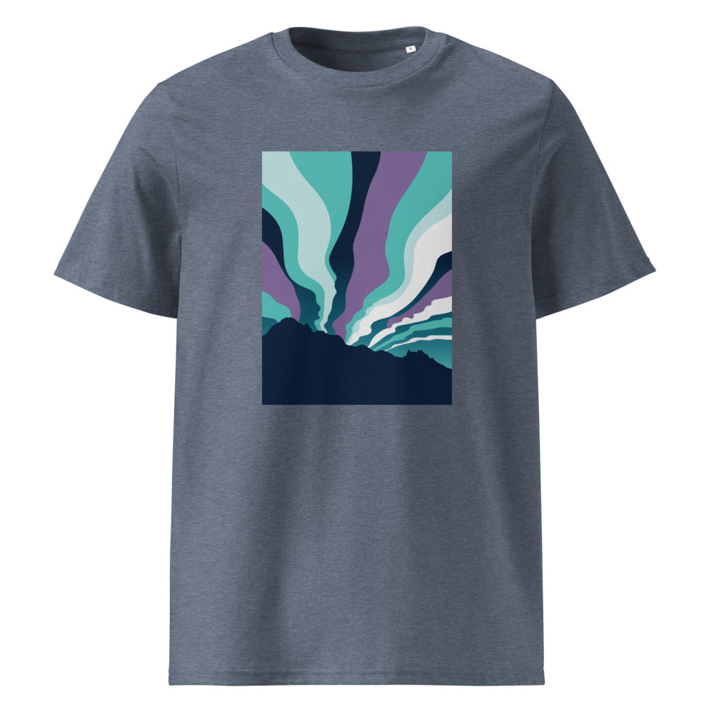 Aurora Peaks | Northern Lights Art Tee | Organic Cotton — organic cotton Dark Heather Blue front mockup