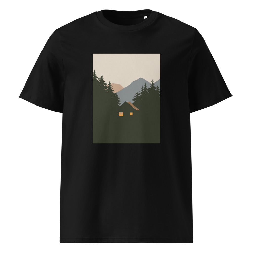 Cozy Cabin | Mountain Cabin Art Tee | Organic Cotton — Black organic cotton