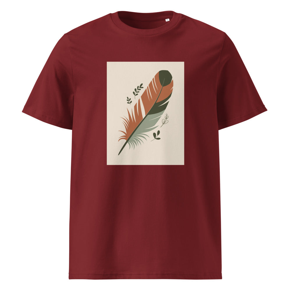 Boho Feather | Terracotta Botanical Art Tee | Organic Cotton — organic cotton Burgundy front mockup