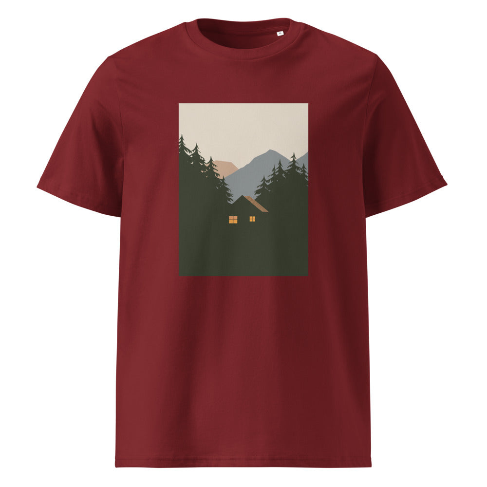 Cozy Cabin | Mountain Cabin Art Tee | Organic Cotton — Burgundy organic cotton