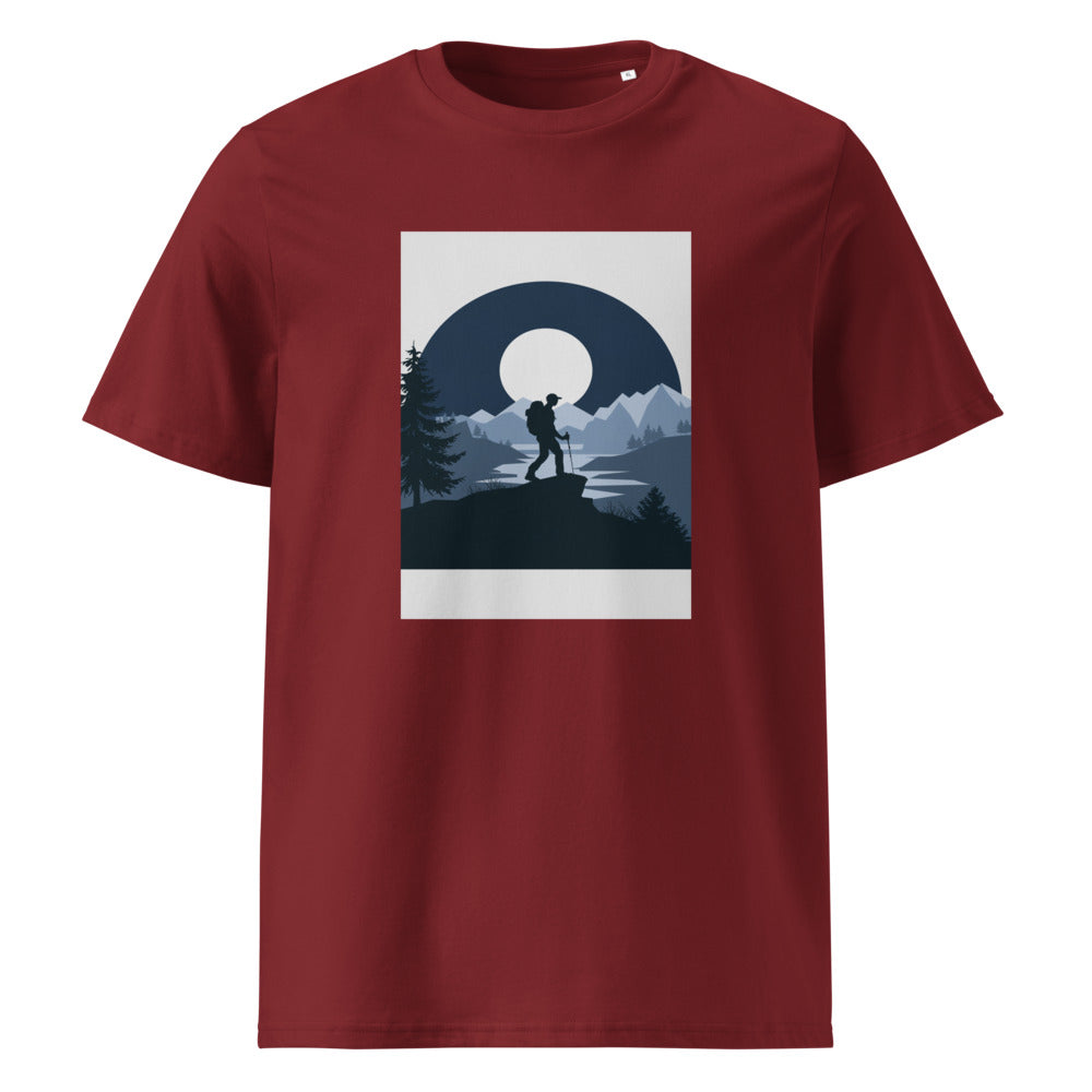 Moon Hiker | Minimalist Outdoor Art Tee | Organic Cotton — Burgundy organic cotton