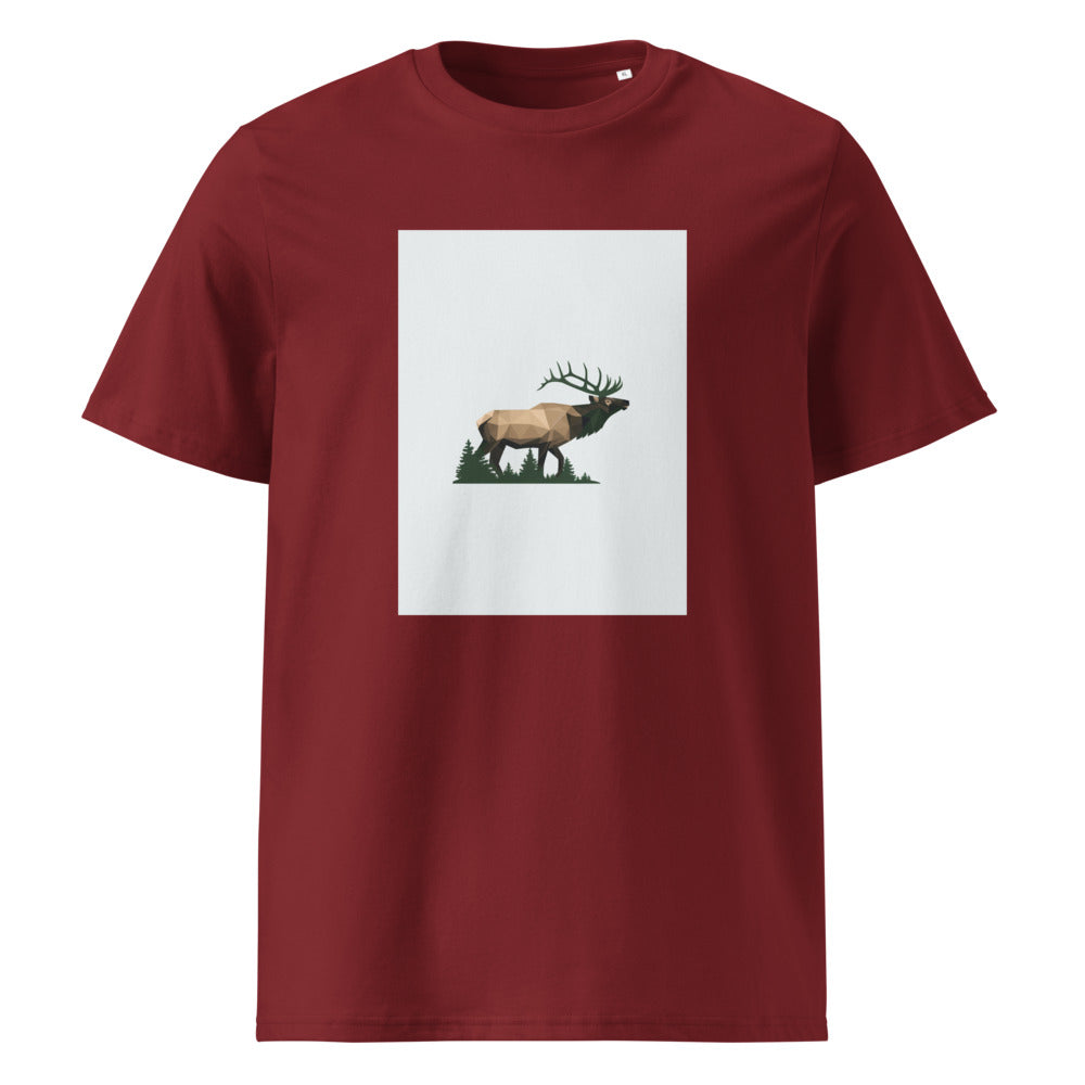 Geometric Elk | Forest Wildlife Art Tee | Organic Cotton — Burgundy organic cotton
