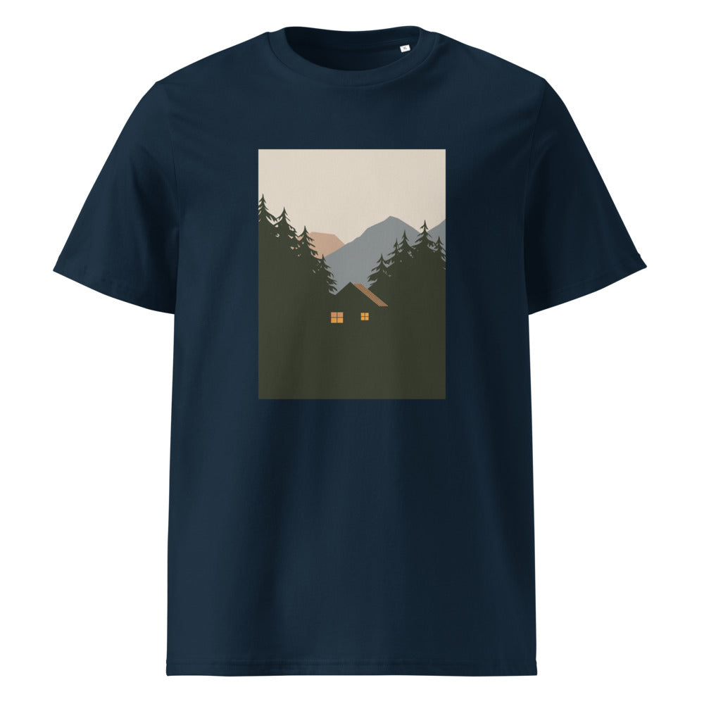 Cozy Cabin | Mountain Cabin Art Tee | Organic Cotton — organic cotton French Navy front mockup