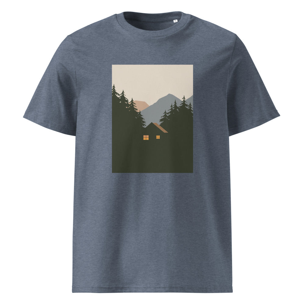 Cozy Cabin | Mountain Cabin Art Tee | Organic Cotton — Dark Heather Blue organic cotton