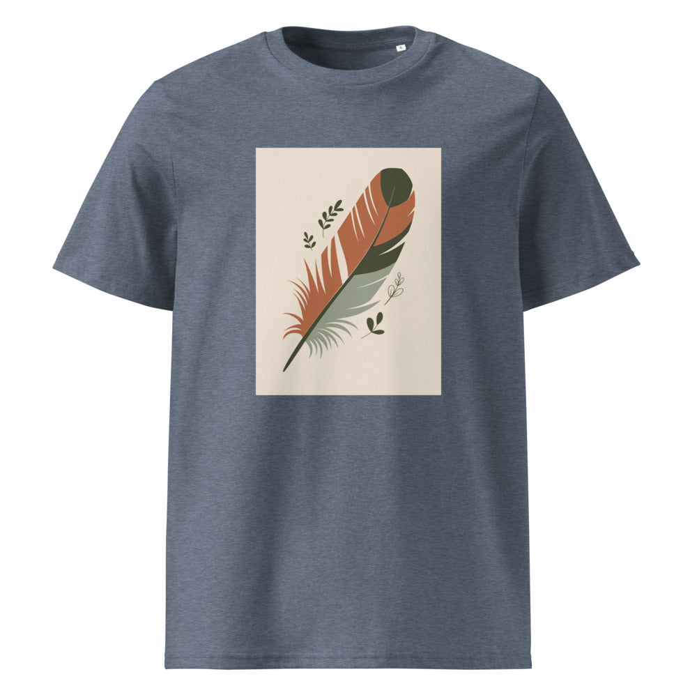 Boho Feather | Terracotta Botanical Art Tee | Organic Cotton — Dark Heather Blue organic cotton