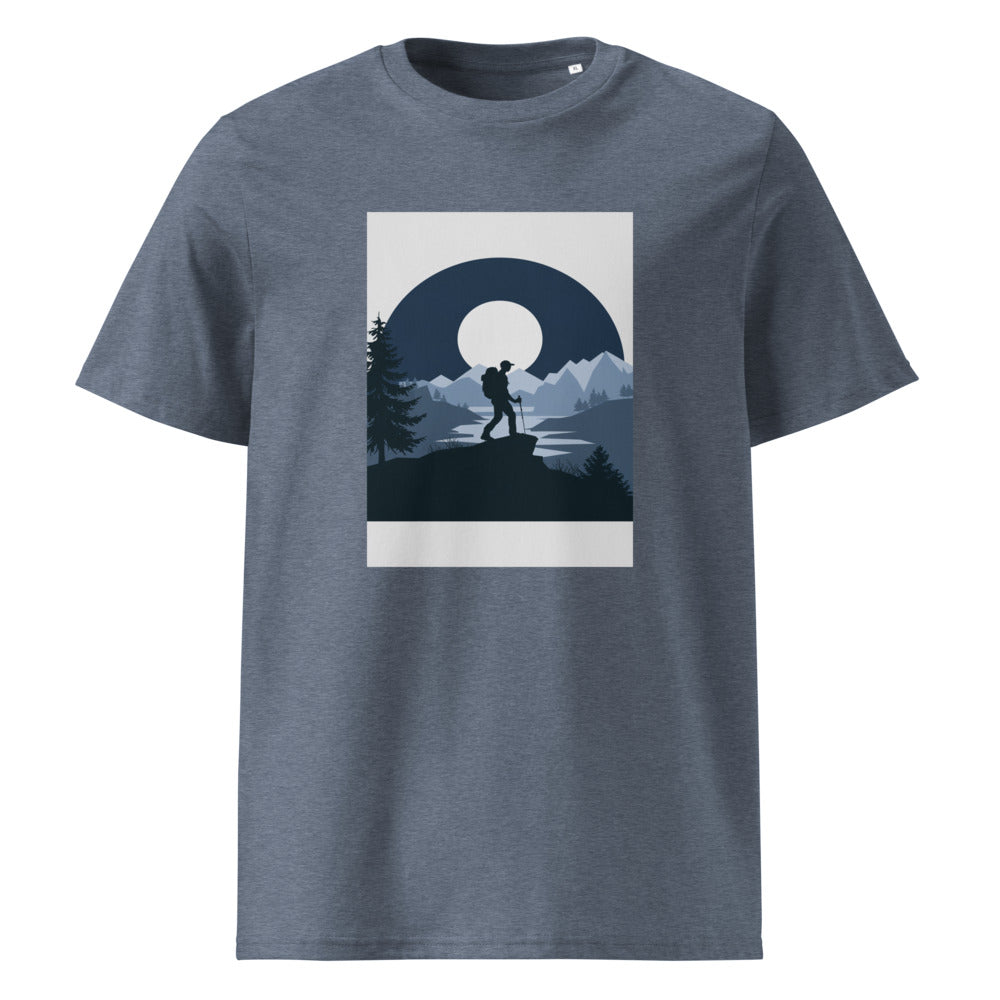 Moon Hiker | Minimalist Outdoor Art Tee | Organic Cotton — Dark Heather Blue organic cotton