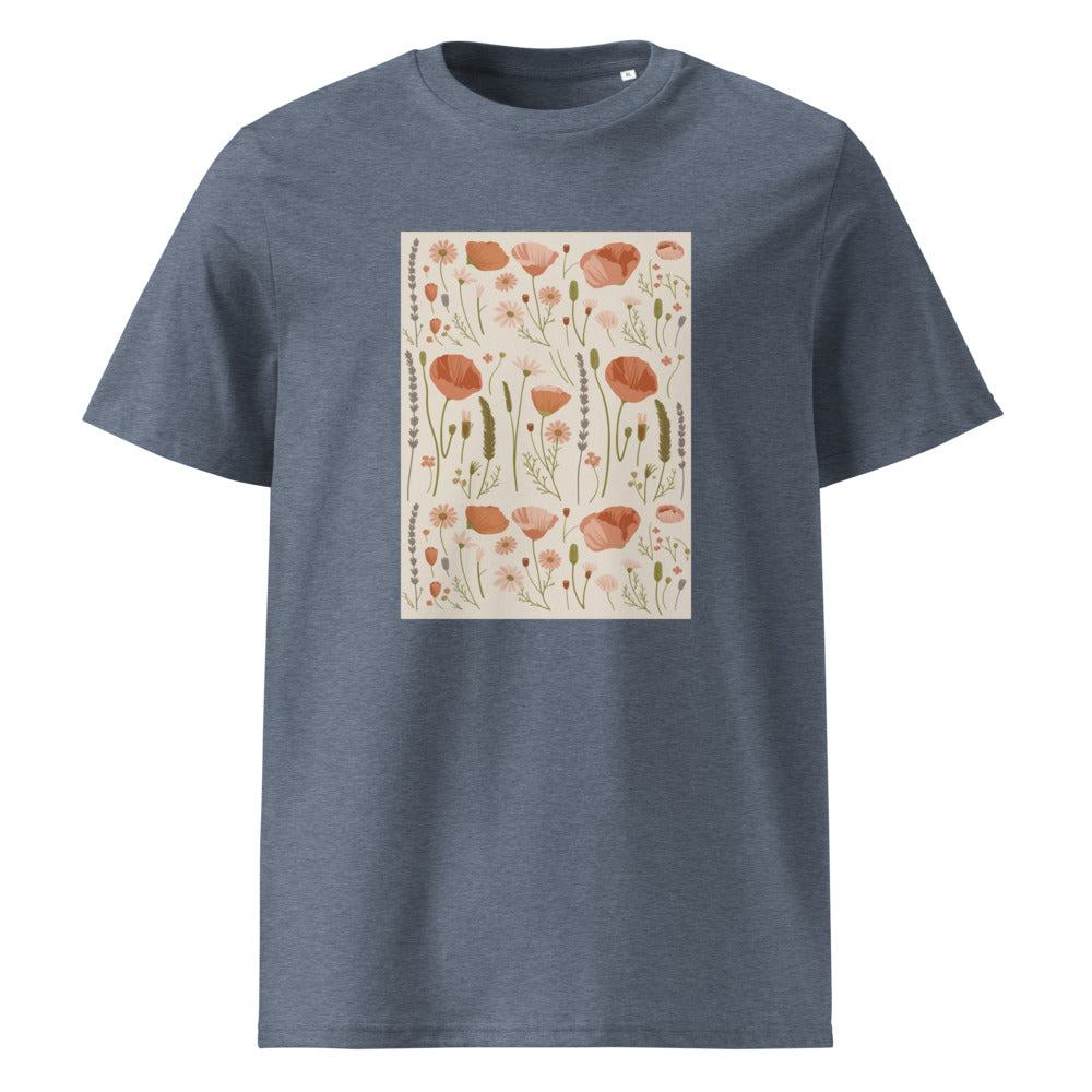 Wildflower Meadow | Boho Botanical Art Tee | Organic Cotton — Dark Heather Blue organic cotton