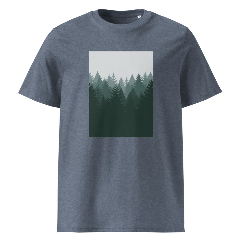 Pine Forest | Scandinavian Forest Art Tee | Organic Cotton — Dark Heather Blue organic cotton