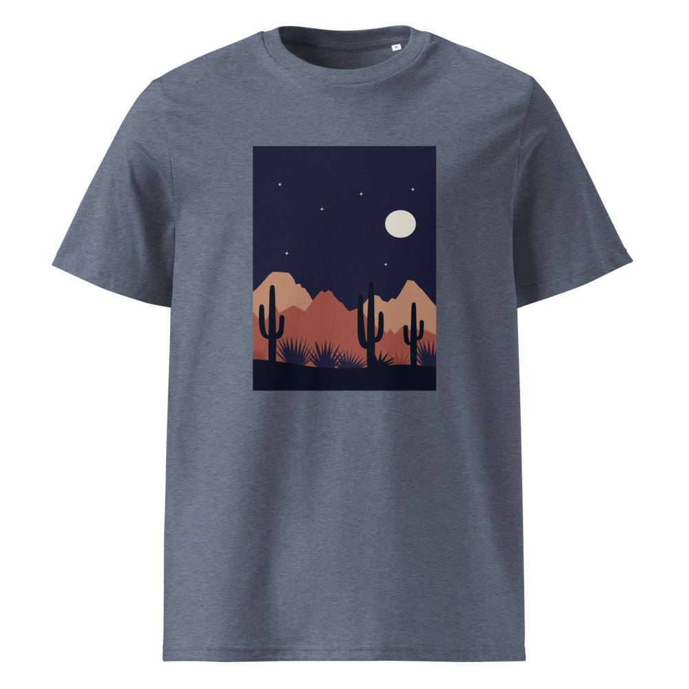 Desert Night | Moon & Cactus | Night Sky Art Tee | Organic Cotton — Dark Heather Blue organic cotton