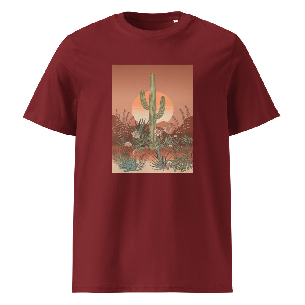 Desert Bloom | Boho Cactus Art Tee | Organic Cotton — organic cotton Burgundy front mockup