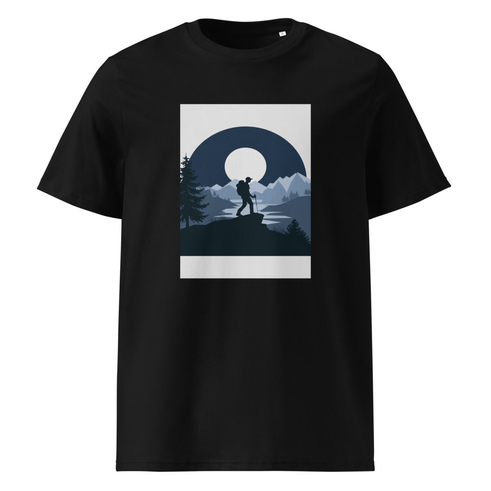 Moon Hiker | Minimalist Outdoor Art Tee | Organic Cotton — organic cotton Black front mockup