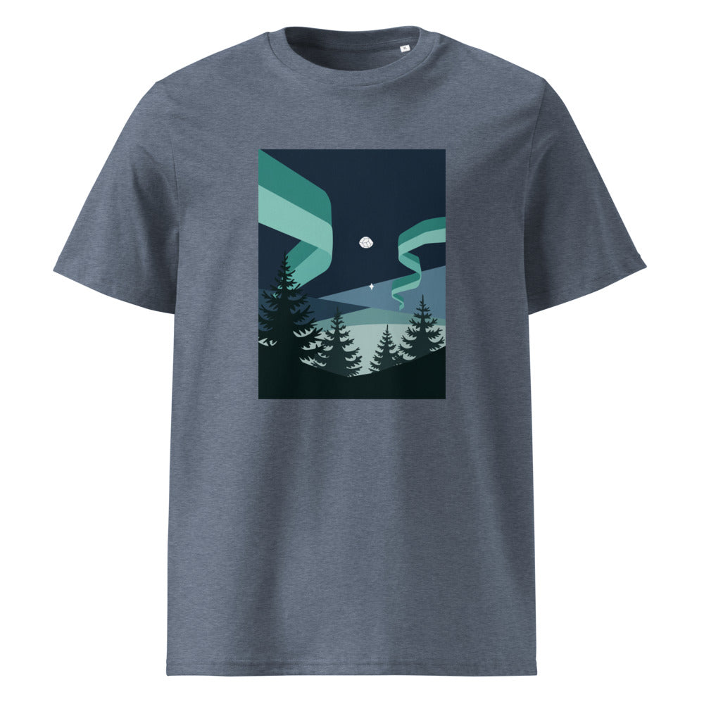 Northern Lights | Aurora Borealis Art Tee | Organic Cotton — organic cotton Dark Heather Blue front mockup