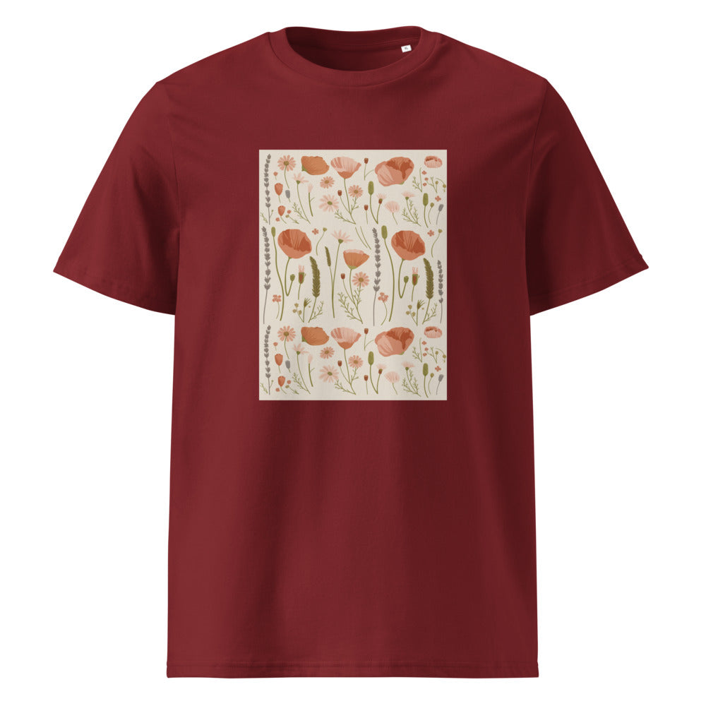 Wildflower Meadow | Boho Botanical Art Tee | Organic Cotton — organic cotton Burgundy front mockup